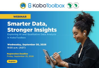 Webinar graphic promoting AI and qualitative data analysis in KoBoToolbox with registration details and a participant using a tablet.