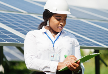 female technician at solar power field