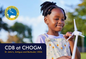 Promotional banner for CDB at CHOGM 2026 in Antigua and Barbuda featuring a young person holding a model wind turbine, representing innovation, renewable energy and sustainable development in Caribbean small states.