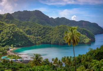 Aerial view of coastline in St. Vincent and the Grenadines