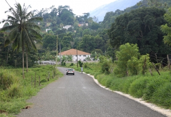 A white car and a pedestrian are on the main road of Grierfield