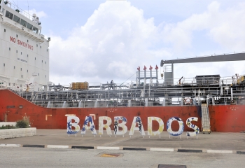 Bridgetown port with Barbados sign 