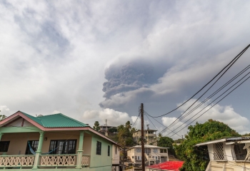 View of La Soufriere volcanic eruption from nearby Belmont
