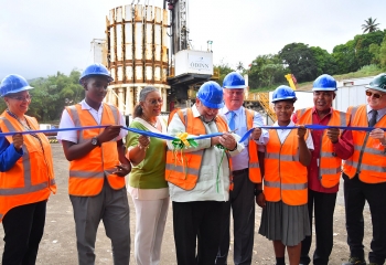 Group, including CDB Vice-President Monica La Bennett cut ribbon on drilling site led by St. Vincent and the Grenadines Prime Minister Dr Ralph Gonsalves