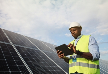 Technician in yellow jacket standing next to solar panels