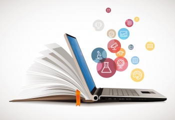 illustration of an open book combined with a laptop with education focused icons floating above