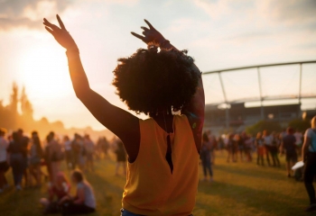 Lady waving hands in air at music festival