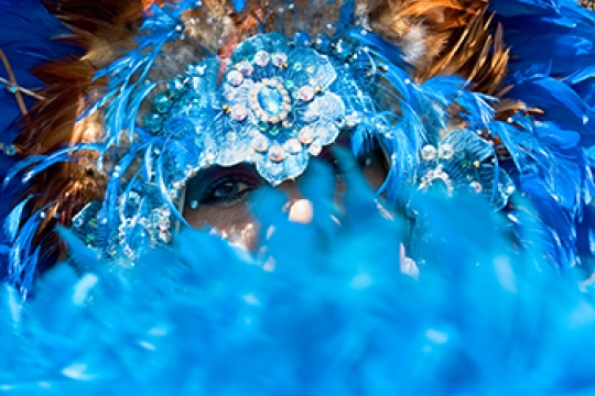 large blue feathered headpiece