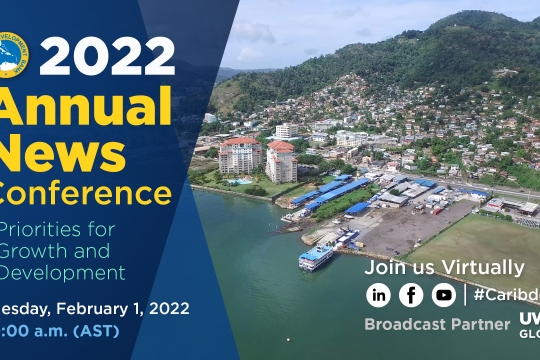 aerial shot of Caribbean port with hills in background overlayed with event details to the left