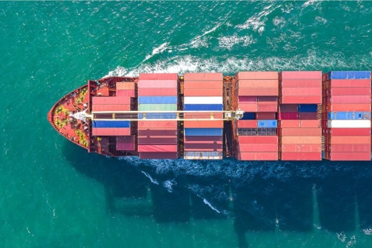 arial shot of container ship at sea