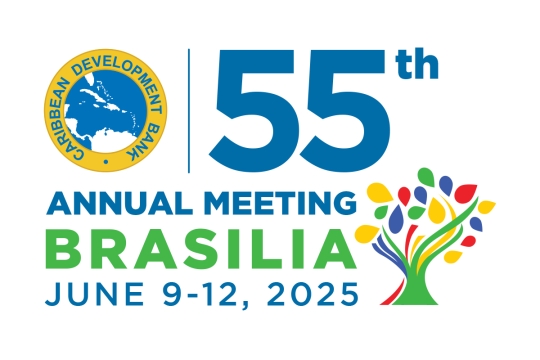 The image features a minimalist design with a white background. On the right, the Caribbean Development Bank logo is displayed alongside text that reads "55th Annual Meeting Brasília, June 9-12, 2025." A colorful tree graphic symbolizes growth and inclusivity.