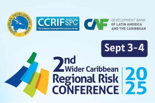 Promotional graphic for the 2nd Wider Caribbean Regional Risk Conference, scheduled for September 3–4, 2025. The image features the logos of the Caribbean Development Bank (CDB), CCRIF SPC (The Caribbean Catastrophe Risk Insurance Facility), and CAF – Development Bank of Latin America and the Caribbean. The conference year "2025" is prominently displayed in bold blue text on the right, and colourful wave-like shapes appear to the left of the conference title. The background is light blue.