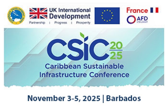 Logos of CDB, UK International Development, European Union, and AFD above the CSIC 2025 Caribbean Sustainable Infrastructure Conference logo.