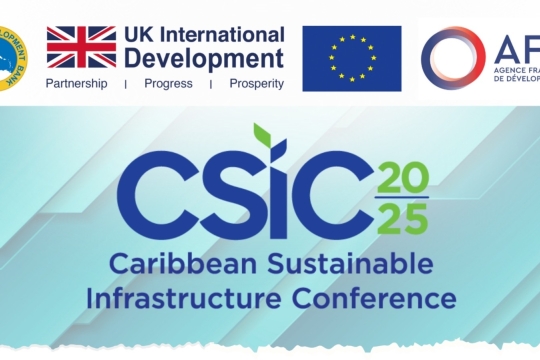 Logos of CDB, UK International Development, European Union, and AFD above the CSIC 2025 Caribbean Sustainable Infrastructure Conference logo.