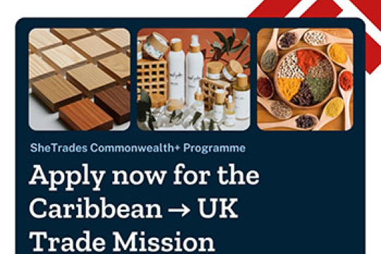 Promotional graphic for SheTrades Commonwealth+ Programme inviting Caribbean women-led beauty businesses to apply for a UK trade mission in February 2026, featuring colorful food images and logos of ITC, Caribbean Development Bank, and UK International Development.