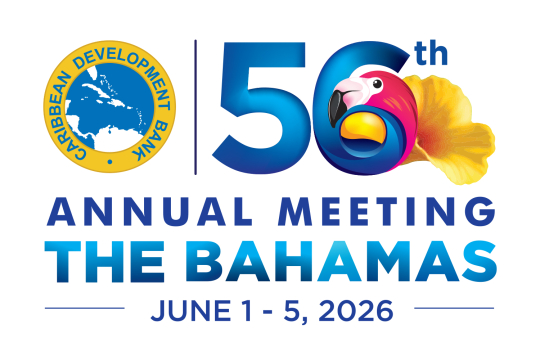 Logo for the Caribbean Development Bank’s 56th Annual Meeting in The Bahamas, June 1–5, 2026, featuring the CDB emblem and a colourful flamingo and yellow elder flower graphic
