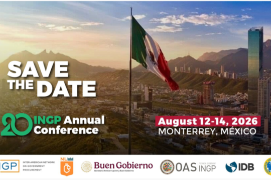 Save‑the‑date graphic for the INGP Annual Conference in Monterrey, Mexico, August 12–14, 2026, featuring a city skyline with a tall flagpole displaying the Mexico flag and partner organisation logos.