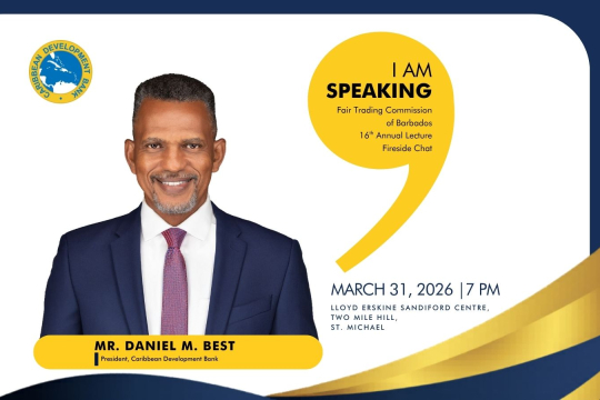 Promotional graphic announcing President Best at Fair Trading Commission of Barbados lecture, showing his photo with event details for March 31, 2026, at Lloyd Erskine Sandiford Centre and Caribbean Development Bank branding.