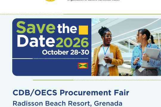 Save-the-date announcement for the CDB/OECS Procurement Fair 2026, a hybrid event at Radisson Beach Resort, Grenada, bringing together procurement professionals, businesses, and development partners from across the Caribbean.