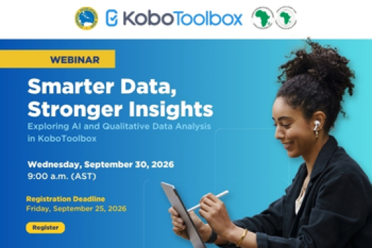 Webinar graphic promoting AI and qualitative data analysis in KoBoToolbox with registration details and a participant using a tablet.